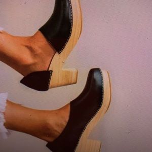 Free People Monroe Black Leather Wooden Clogs 37